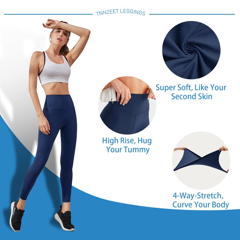 TNNZEET High Waisted Leggings for Women - No See Through Tummy Novelty Workout Yoga Pants with Pockets Reg & Plus Navy Blue - Image 3